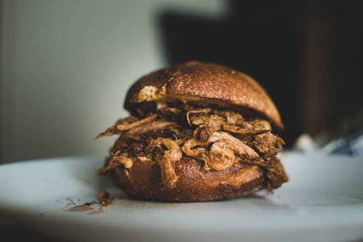 Close-up of a delicious pulled pork sandwich on a plate.