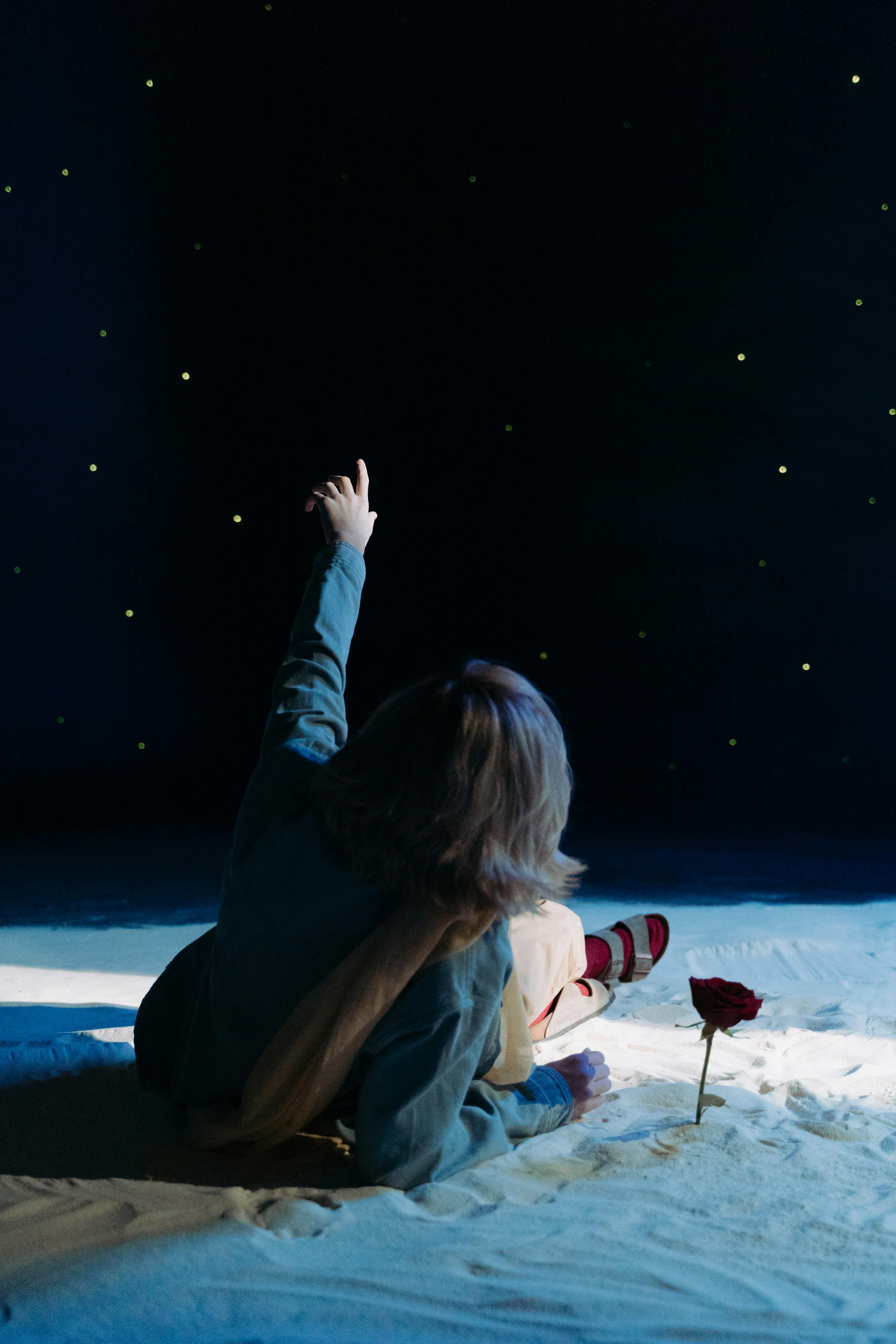 Free A child dressed in cosplay points at stars in a night sky scene, with a red rose on the ground. Stock Photo