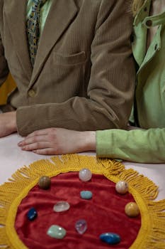 Close-up of a couple with arms touching, displaying gemstones on a vibrant cloth. Vintage ambiance.