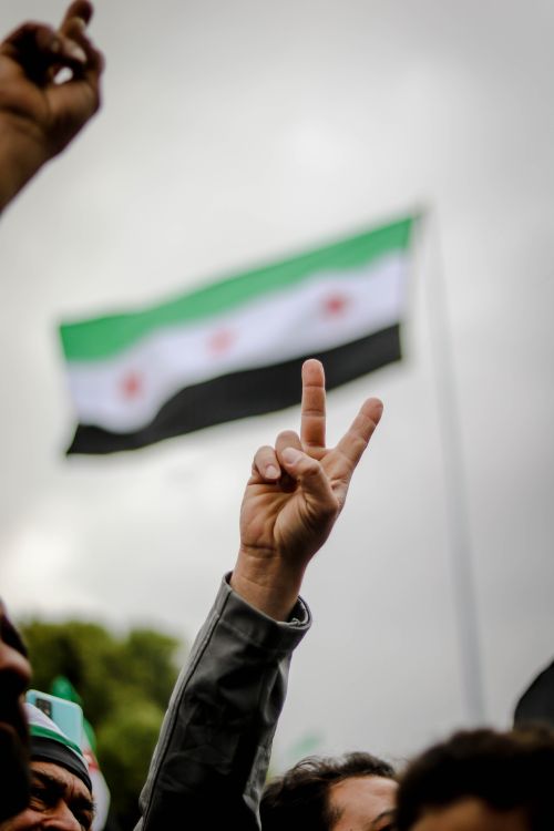 Free Person making a peace sign with hand in front of Syrian flag at outdoor protest. Stock Photo