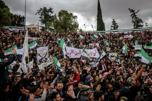 Free Crowd rallies with flags in Idlib, showcasing activism and unity. Stock Photo