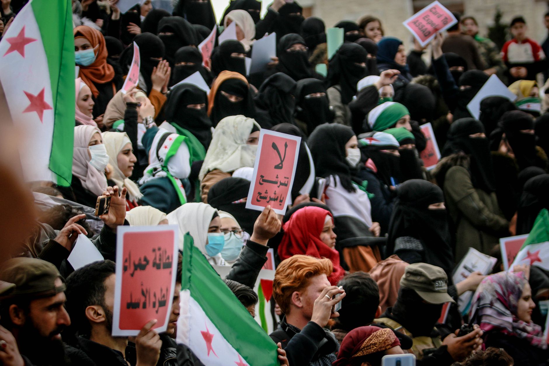 A vibrant protest in Syria with people holding flags and signs, demonstrating activism.