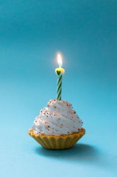 Delicious cupcake topped with cream and a lit candle, perfect for celebrations.