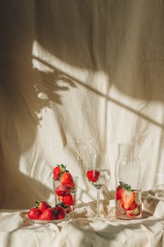 Beautiful still life of strawberries in glasses and carafe with natural light and shadows.