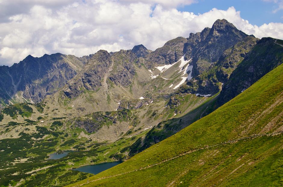 A person wearing layered clothing suitable for summer hiking in the High Tatras, Slovakia