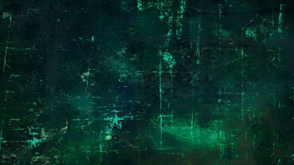 A dense, dark green textured background with grunge patterns and scratches.