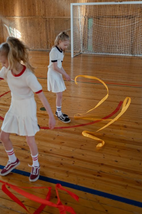 Free Two girls practicing rhythmic gymnastics with ribbons on an indoor court. Stock Photo