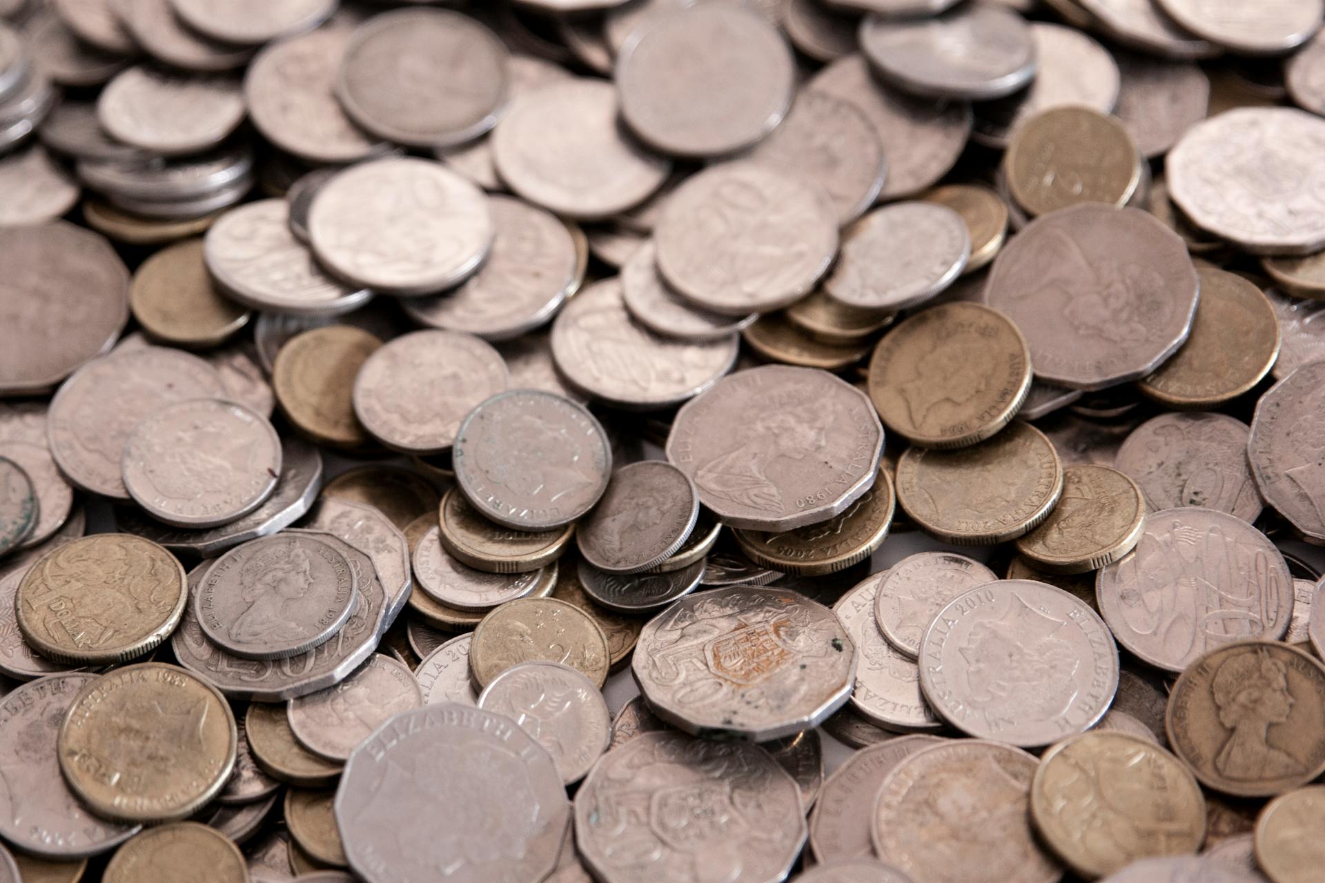 Close-up view of assorted Australian coins, perfect for finance themes.