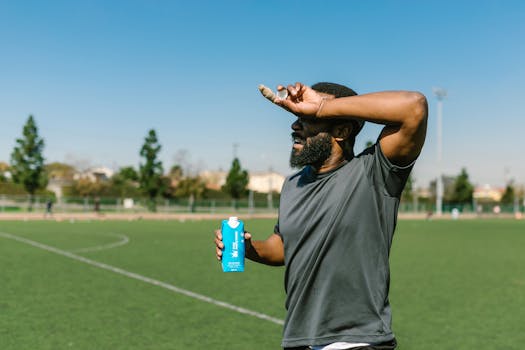 A tired athlete holding a water bottle rests on a sunny sports field.