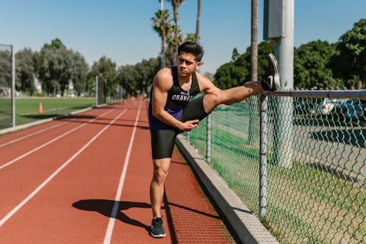 Young male athlete stretching on outdoor track on a sunny day, preparing for training.