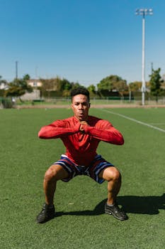 Athlete performing a squat exercise on a soccer field, wearing sportswear on a sunny day.
