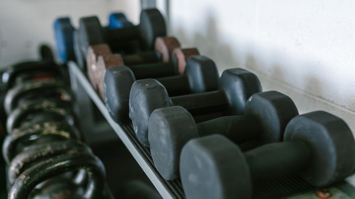 Neatly arranged dumbbells and kettlebells on racks in a gym environment.