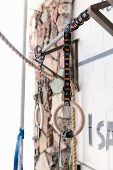 Wooden gymnastic rings hanging indoors, ideal for strength training visuals.