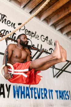 Male athlete showcasing strength with gym rings indoors, demonstrating fitness and determination.