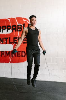 Fit male athlete performing a jump rope workout indoors, showcasing fitness and agility.