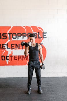 Young man in gym lifting dumbbells, showcasing fitness and determination.