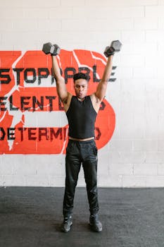 African American man lifting dumbbells overhead in a gym with motivational wall art.