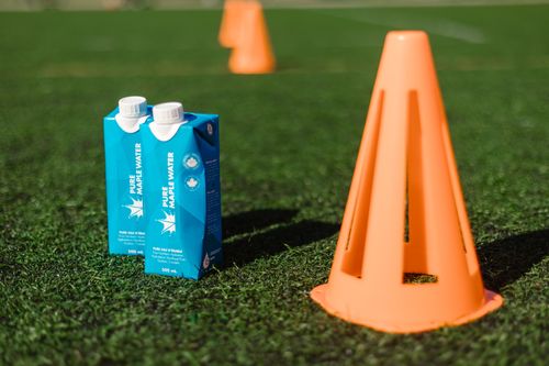 Free Bright orange cone and water cartons on a green playground field. Stock Photo