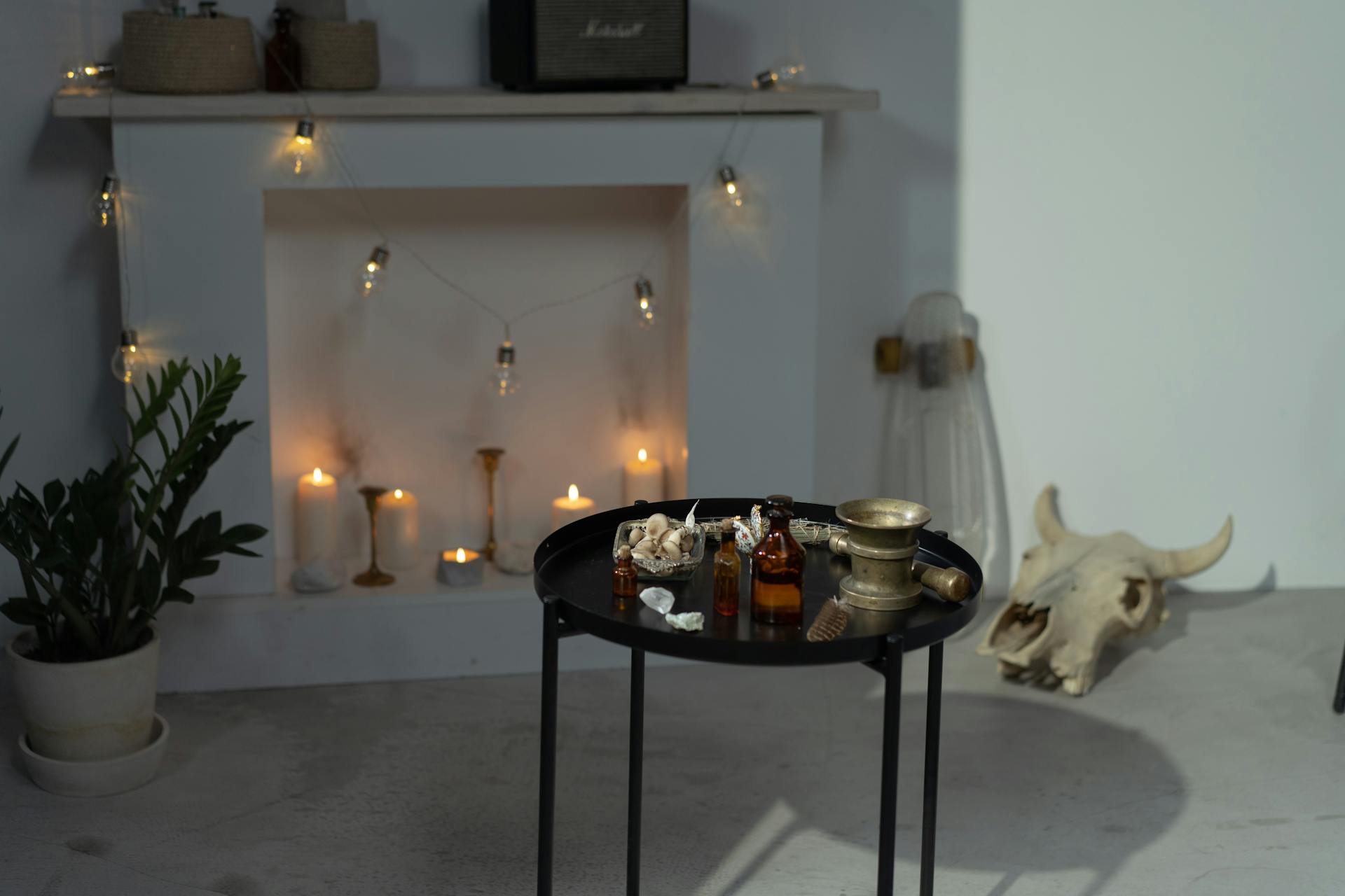 Bottles on Black Round Table in the Room with Fireplace and Cow Skull