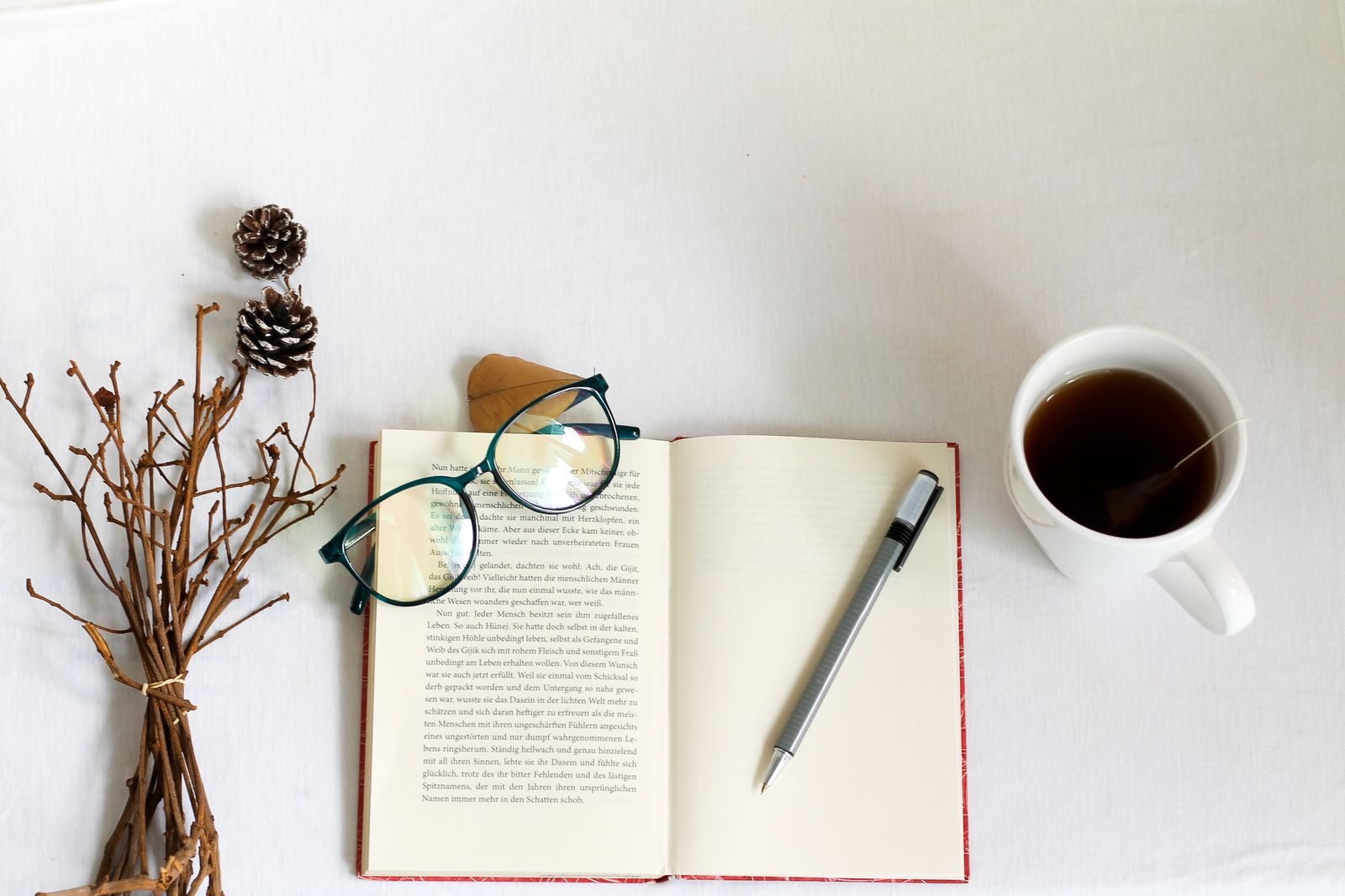 An open notebook with a pencil, glasses and a cup of tea