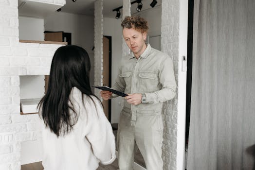 Courier hands over a package to a customer in a modern indoor setting, promoting online shopping services.