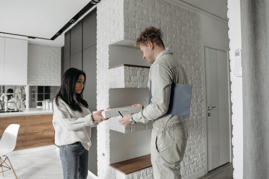 Package delivery scene with a courier handing over a parcel to a woman in a modern home setting.