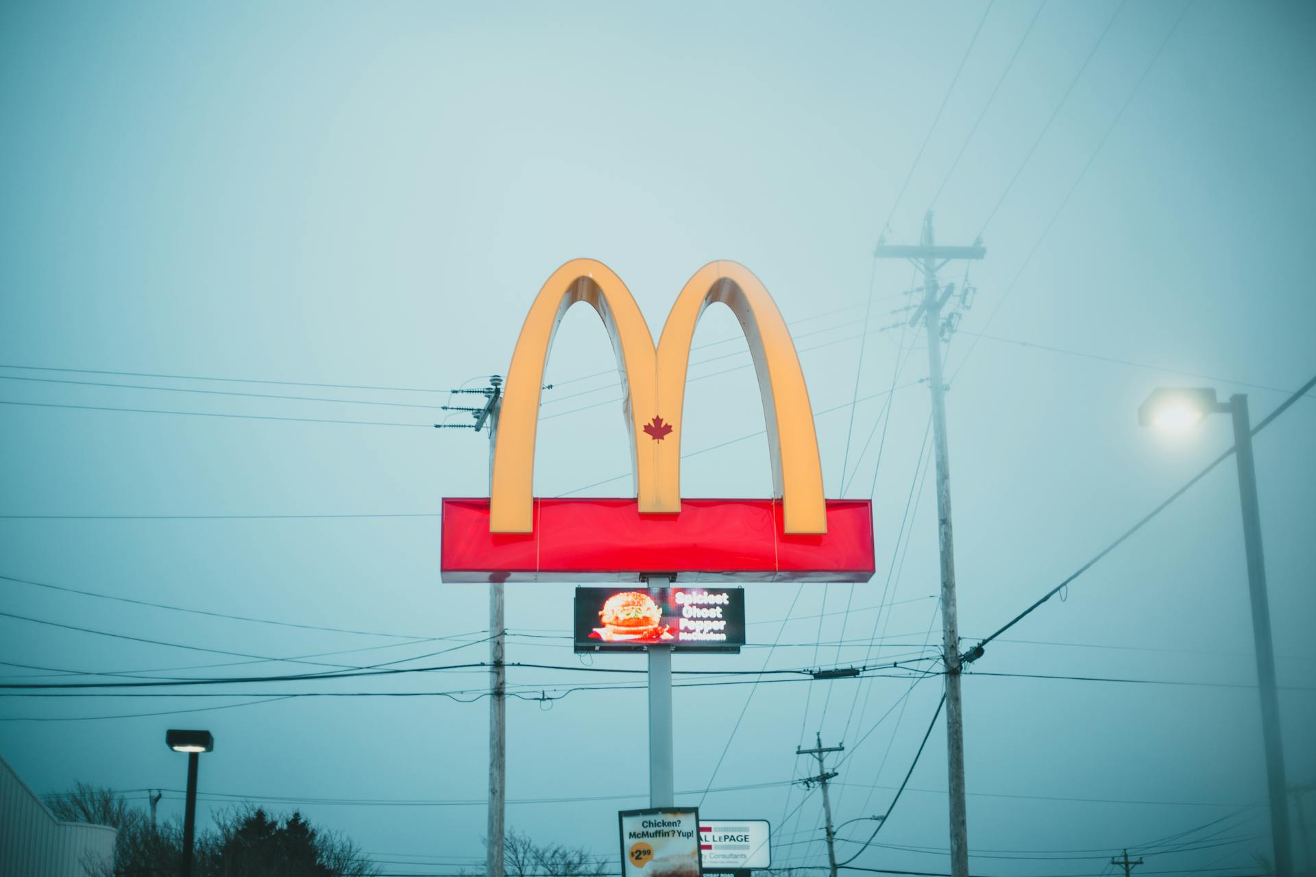 Illuminated fast food sign against a foggy urban backdrop in a tranquil evening setting.