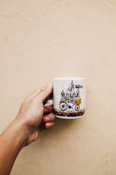 A close-up shot of a hand holding a decorative coffee mug against a beige wall.