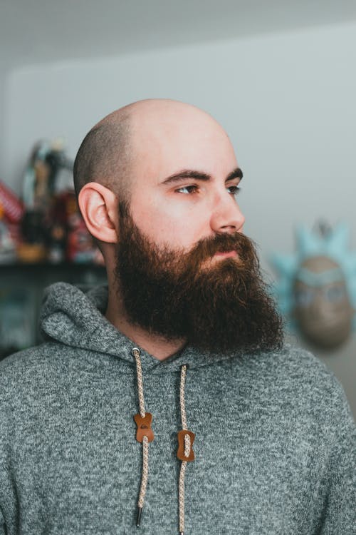 Serious brutal bald male with long beard in gray hoodie looking away in room with white walls and decorations