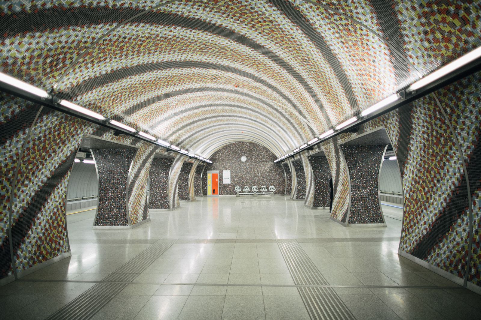 Mosaic-covered arches at Szent Gellért tér station in Bartók Quarter