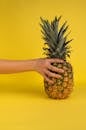 Crop unrecognizable person touching ripe tropical pineapple with green crown and brown skin placed on yellow background in light studio