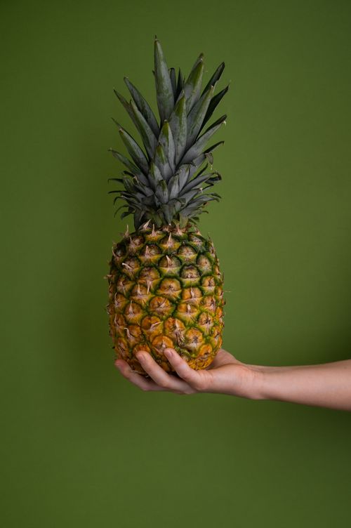 Free Ripe unpeeled pineapple on hand shown by crop unrecognizable person against monochrome green background Stock Photo