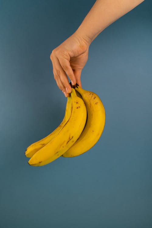 Crop unrecognizable person with bundle of delicious ripe bananas with spots on peel on blue background