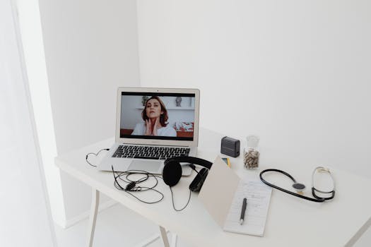 A virtual healthcare consultation via laptop with medical equipment on a minimalist desk.