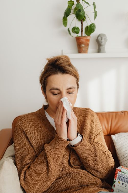 Free Adult woman in a sweater blows her nose while sitting on a leather sofa in a cozy living room setting. Stock Photo