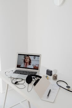Image showcasing a virtual medical consultation setup with a laptop and stethoscope on a white table.