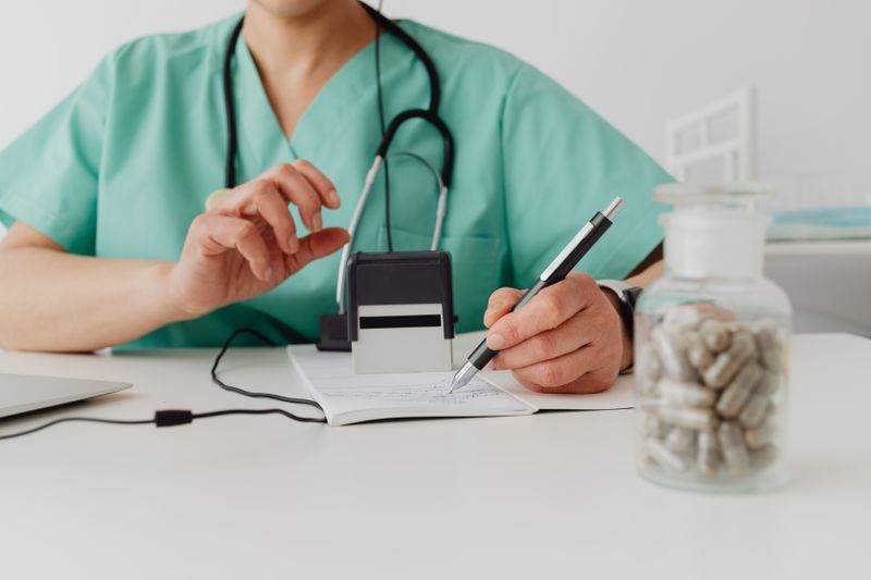A healthcare professional works with patient records and a laptop in a clinical office