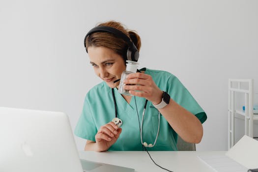Doctor in scrubs having an online consultation using a laptop, holding pill bottle and smiling.