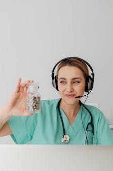 Female doctor with headset holding pill bottle. Telemedicine concept.