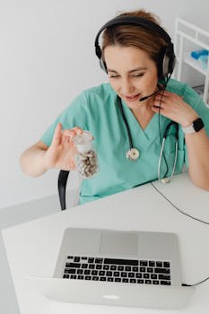Photo by Karolina Grabowska www.kaboompics.com Healthcare practitioner discusses medication in an online consultation, showcasing telemedicine.