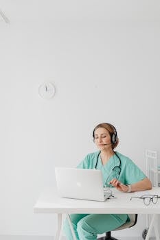 Female doctor in scrubs using laptop for virtual consultation.