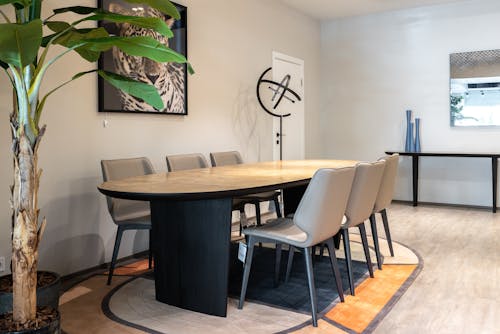 Interior of modern light negotiation office room with wooden table and chairs next to green plants and picture on wall