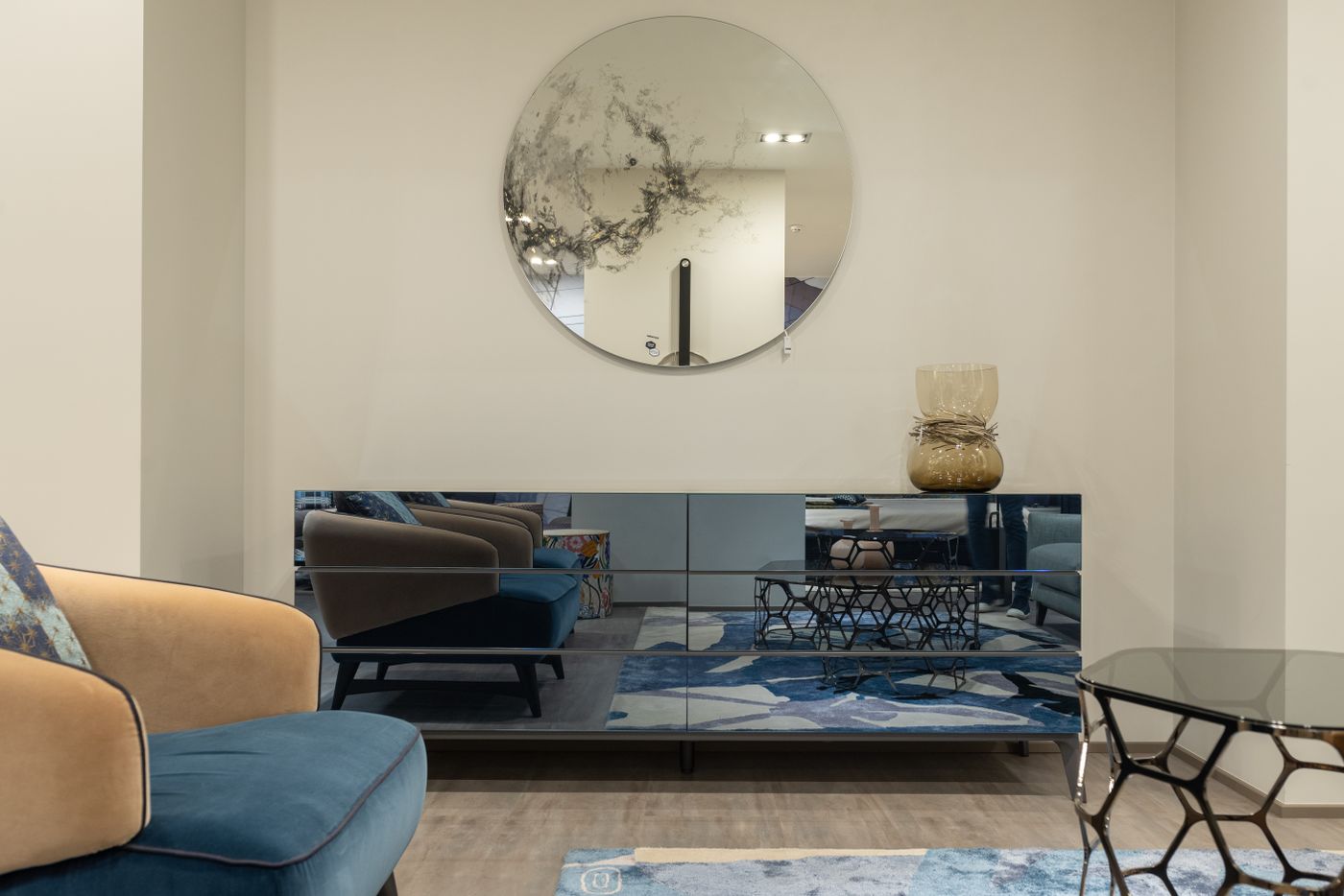 Modern luxury living room with custom furniture and interior lighting