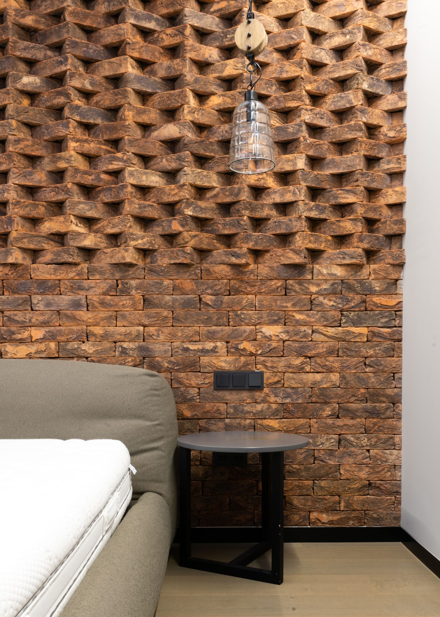 Atmospheric bedroom interior with layered textures and masonry detailing