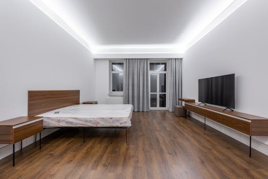 Spacious, minimalist bedroom with a wooden floor and modern design elements.