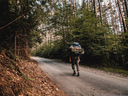 Free Lone adventurer backpacking along a serene forest path, embracing nature and tranquility. Stock Photo