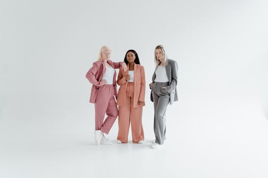 Three diverse women pose confidently in pastel business suits against a white background.