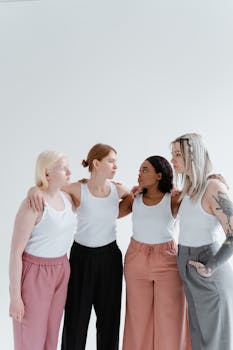 A group of diverse women standing together in a studio with white background, embracing each other.