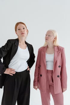 Two women in modern business suits standing against a white background, showcasing confidence.