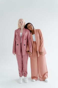 Two women in fashionable suits pose elegantly against a white background.